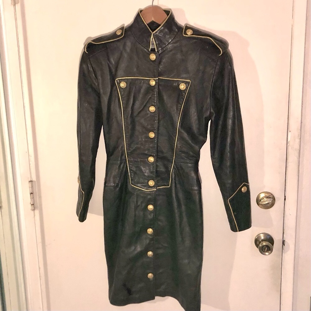Michael Hoban Black Leather Gold Iconic 80’s Midi Dress Military
